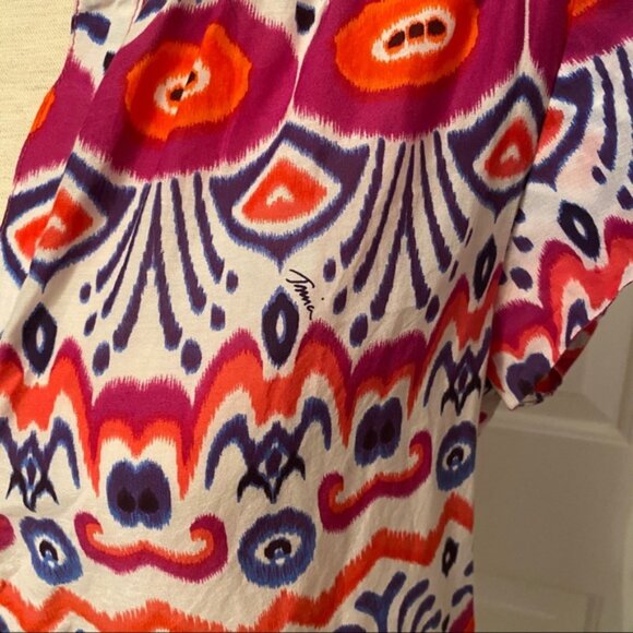 TRINA TURK TOP BLOUSE WHITE BLUE MULTI COLOR BOHO TRIBAL Size S - Picture 2 of 7